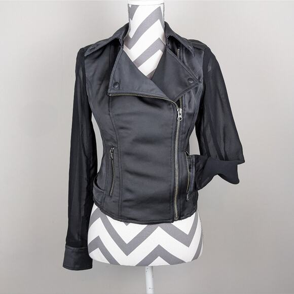 Guess Black Jacket Sheer Sleeve Satin Look Cropped Moto Extra Small XS Y2K - Picture 15 of 15